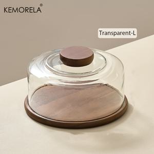 TEMU KEMORELA 1개 원형 유리 돔 뚜껑 나무 케이크 스탠드 - 식품 안전 천연 목재 디저트 트레이, 주방 및 다이닝룸 파티용 우아한 홈 데코 플래터, 케이크 트레이, 매끄러운 마감