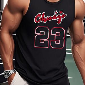 TEMU 남성용 시카고 23 농구 저지 탱크탑 - 검정색 민소매 운동복 셔츠, 빨간색 & 흰색 프린트, 부드럽고 편안한 원단, 체육관 및 야외 활동 및 캐주얼 착용에 완벽함, 스포츠 디자인 | 편안한 핏, 농구 셔츠