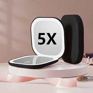 TEMU 1개 듀얼 사이드 1X/5X 확대 거울, 듀얼 컬러 LED (따뜻한 빛), 자석 접이식 핸드헬드 거울 - 여행, 메이크업, 가정용 휴대용 거울, 5X 확대 기능