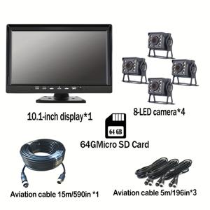 TEMU 10.1인치 4방향 AHD 후방 모니터, 버스 8등 야간 투시 카메라, 64GB 메모리 카드 포함, 간편한 설치, RV, 트럭 등 다양한 차량에 적합, 배터리 없음, 차량용 후방 카메라