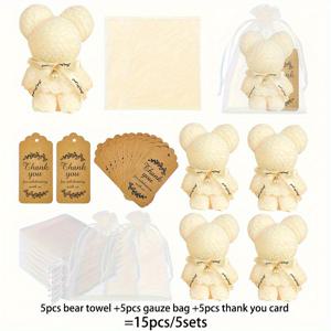 TEMU 15개 세트 (수건 5개, 오간자 가방 5개, 감사 카드 포함) - 매력적인 곰돌이 수건 선물 세트 - 결혼식, 생일, 발렌타인데이, 어버이날, 크리스마스 선물로 완벽