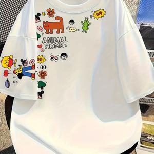 TEMU 여성 캐주얼 반팔 티셔츠, 재미있는 동물 및 별 프린트 - 부드럽고 통기성이 좋은 폴리에스터 블렌드, 라운드 넥, 봄/여름용 일반 핏, 일상적인 편안함, 편안한 의류 | 재미있는 프린트 티 | 부드러운 질감 셔츠|반팔티|반팔티셔츠|반팔셔츠