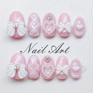 TEMU 10개입 핸드메이드 프레스온 네일 숏 오벌 네일 - 프렌치 리본 & 하트 장식 (핑크 & 화이트) - 손/발용 DIY 매니큐어 - 재사용 가능 젤 글루 & 네일 파일 포함 (DIY 네일 아트)