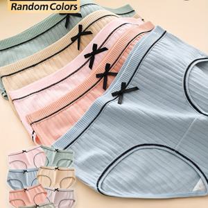 TEMU 4쌍 소녀용 리브드 삼각 팬티, 대비 컬러 라인 장식, 보우 디테일, 솔리드 컬러 편안한 미디웨이스트 디자인, 가볍고 통기성 좋은 부드러운 탄력 있는 청소년 여아용 팬티, 랜덤 색상