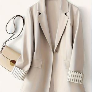 TEMU 우아하고 패셔너블한 여성용 패치워크 재킷, 커프스와 버튼 장식, 사계절용 레귤러 컷