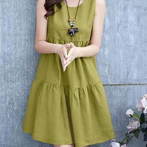 TEMU 여성용 올리브 그린 민소매 A라인 드레스 - 무릎 길이 캐주얼 루즈핏 라운드넥 반투명 기계 세탁 가능 봄 여름 가을 시즌 옷장, 주름 허리 디자인, 통기성 소재, 캐주얼 웨어
