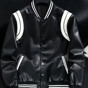 TEMU 남성용 모터사이클 재킷, 야구 스타일 - 커플 스트리트웨어, 봄과 가을용 컬러 블록 디자인, PU 칼라, 캐주얼 스탠드업 코트, 바람과 따뜻함에 대비