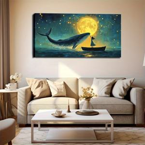 TEMU 1개 무테 캔버스 벽걸이 아트 - 별하늘과 고요한 호수 속 매혹적인 월광 고래, 클래식 가로 풍경화, 침실·거실·사무실 장식용 고급 캔버스 프린트, 오션 데코, 꿈결 같은 그림, 예술품, 홈 데코레이터