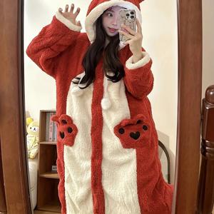 TEMU 인기 가을 겨울 따뜻한 여성용 작은 여우 파자마, 귀엽고 두꺼운 플란넬 루즈핏 긴 잠옷