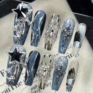 TEMU 10개 세트 롱 발레티 스타일 핸드메이드 프레스온 네일, 라이트 럭셔리 고급스러운 메탈 그라데이션 3D 별 컷아웃 하트 디자인, 파티 및 데일리 웨어용 쿨한 다크 트렌디 스타일, 젤리 글루 & 네일 파일 포함