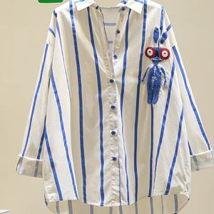 TEMU 여성용 캐주얼 블루 & 화이트 긴팔 셔츠, 자수 잠자리 디테일 - 루즈핏, 버튼업 칼라, 사계절 다용도 탑, 캐주얼 의상용 | 패턴 | 자수 디테일, 여성용 셔츠, 롱 블라우스, 팬츠 탑, 가벼운 소재, 흰색 & 녹색 원단, 우아한 파티 아우터웨어 & 일상 사무실 블