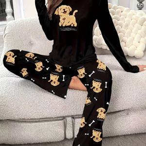 TEMU 여성용 귀여운 강아지 프린트 긴팔 파자마 세트, 여성용 라운지웨어, 파자마 세트, 파자마 바지, 파자마 세트, 여성용 파자마 세트, 여성용 잠옷, 편안한 파자마, 캐주얼 파자마, 장난기 있는 디자인, 만화 프린트, 부드러운 원단, 통기성 소재, 매칭 파자마 세트, 프린트 파자마, 여성용 라운지웨어, 성인용 파자마