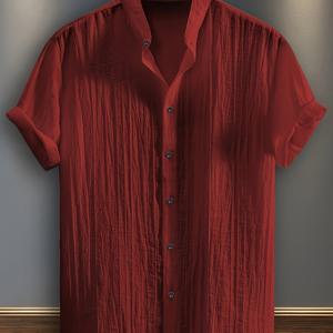 TEMU 남성용 가볍고 통기성 좋은 반팔 버튼셔츠 - 솔리드 컬러 캐주얼 비치 수영 셔츠, 스탠드 칼라, 세탁기 사용 가능, 여름 수영장 파티 & 휴가용, 비치, 수영장 파티, 캐주얼 복장에 적합