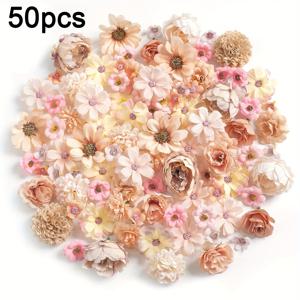 TEMU 50개 세라 플로라 샴페인 미니 인공 꽃 - 우아한 핑크, 복숭아색, 베이지 & 화이트 데이지 그린 리브스, 고품질 폴리에스터 DIY 공예용, 웨딩 장식, 홈 & 파티 , 웨딩 센터피스, 고급스러운 장식, 리얼리스틱 텍스처
