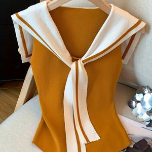 TEMU 프랑스 스타일 해군 칼라 V 넥 아이 실키 섬유 원단 반팔 티셔츠 여성용, 여름 컬러 블록 슬리브리스 베스트, 핏된 숄 탑.