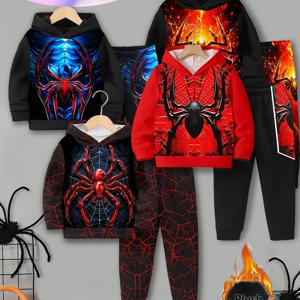 TEMU 랜덤으로 1세트 2개 보내드립니다. 남아용 후드 스웨트셔츠 세트. 3D 프린트 패턴, 기모 안감 후드티 및 스웨트팬츠, 야외 활동에 적합합니다. 핸드 컷, 어린이 할로윈 선물로 적합합니다.