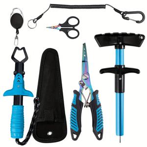 TEMU 7피스 헤비듀티 낚시 & 사냥 도구 키트 (수납 가능한 버클, 멀티툴 플라이어 세트 포함 - 물고기 입 그리퍼, 훅 제거기, 가위) & 보관 가방 - 바다/민물 낚시용 휴대용 올인원 낚시 장비