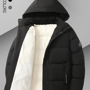 TEMU 겨울 남성용 두꺼운 벨벳 후드 코트, 따뜻하고 심플한 캐주얼 남성 재킷