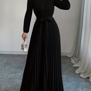 TEMU 우아한 긴팔 주름 맥시 드레스, 허리 끈 - 소프트 핑크, 스탠드 칼라, 여성용 흐르는 디자인, 캐주얼 또는 정장 행사에 완벽, 세련된 스타일|주름 디테일, 드레스