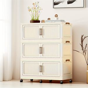 TEMU 대형 90cm 접이식 수납장, 크림색 잠금 바퀴 포함 - 다층 정리함 (의류 및 장난감 보관용), 내구성 있는 모던 디자인, 방수 플라스틱, 공간 절약형 스태커블 설계, 거실·침실·욕실·서재·주방·발코니·기숙사·창고·공구 저장소에 적합
