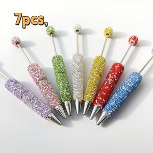 TEMU 7개 세트 반짝이는 라인스톤 펜 세트 DIY 비즈 스피닝 블랙 잉크 펜, DIY 주얼리 아트 애호가에게 적합, 학생 및 교사에게 이상적, 비즈 펜, 스트링이 있는 볼펜, 수제 볼펜, 야광 펜, 학교 용품, 쓰기용 펜, 학교 펜, 문구류