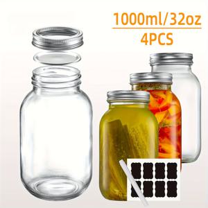 TEMU 2/4개 1000ml/32oz 갈루프팅() 밀폐용기 포함 - 잼, 피클, 샐러드, DIY 공예를 위한 둥근유리캔닝병 - 무료스티커 & 초크마커 증정 - 팬트리 정리, 음료수선물, 식품보관에 완벽 - 설거지기계 사용가능