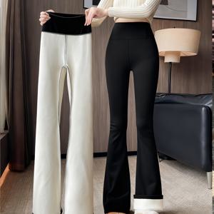 TEMU 여성용 하이웨이스트 겨울 벨바지 팬츠 - 보온 기능, 복부 컨트롤, 와이드 플레어로 키높이 효과, 고탄력성 - 가을/겨울용 따뜻한 캐주얼 팬츠 (비-)|냉장고바지|바지