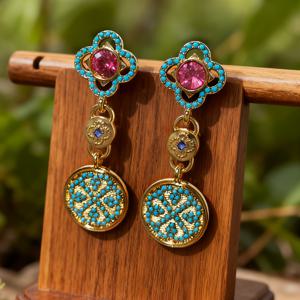 TEMU 1쌍 여성용 대형 터키석 느낌 블루/골드 비즈 대형 사각 드롭 귀걸이 - KC 골드 도금 (터키석 느낌) 대형 후프, 빈티지 중국풍 주얼리, 데일리웨어, 파티, 결혼식 및 사계절용 - 보호 엘레강스 선물