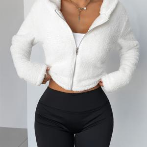 TEMU 여성 캐주얼 양면 플리스 후드 집업 재킷 | 단색, 올 시즌, 지퍼 디테일