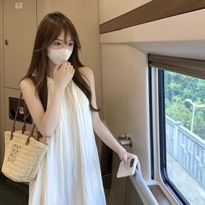 TEMU 스위트 홀터넥 드레스, 요정 스타일, 2025년 신상 여름, 베이지 드레스, 민소매, 우아한 A라인 롱 가운.|여름원피스|나시원피스|민소매원피스