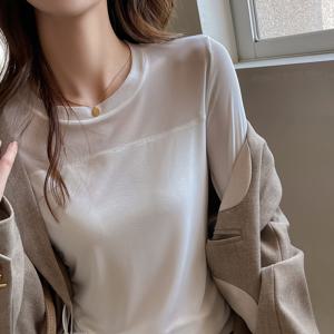 TEMU 여성용 코리안 스타일 쉬어 메쉬 패널 긴팔 티셔츠 - 슬림핏 세미 쉬어 블라우스 (화이트 베이스 & 네트 백), 봄 여름 가을용 통기성 레이어드 탑 / 코리안 패션 (캐주얼/오피스 웨어) - 기계 세탁 가능 스트레치|티셔츠|여름블라우스|여성블라우스