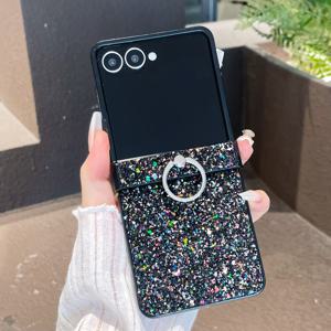 TEMU 폰 케이스: 삼단 중심축 두꺼운 스팽글 + 링 스탠드 접이식 폰 케이스, Z Flip 3/4/5/6/7 풀 커버 보호 케이스