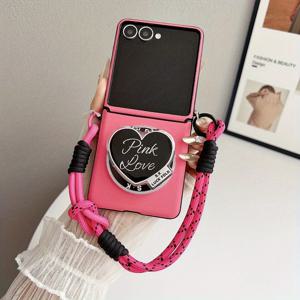 TEMU 갤럭시 Z 플립 7용 2-in-1 분리형 접이식 3D 하트 자석 스탠드 폰 케이스, 스타일리시한 대비 컬러와 초상화 랜야드 디자인