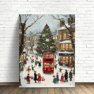 TEMU 2D 평면, 1개 액자형 캔버스 벽 장식 - 크리스마스 조명과 트리가 있는 런던 레드 더블 데커 버스, 사무실, 식당용 캔버스 그림 - 휴일 장식, 후크 설치 (하드웨어 없음), 2D 평면, 크리스마스 데코