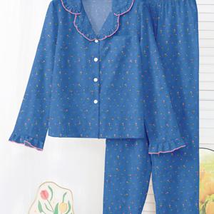 TEMU 블루 플로럴 여성 파자마 세트, 러플 롱 슬리브 탑과 오픈 프론트 싱글 브레스티드 가디건 팬츠
