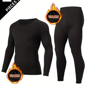 TEMU 남성용 보온 내의 긴팔 티셔츠 & 팬츠 2세트 - 추위 방지 긴팔 베이스 레이어, 따뜻한 겨울 내의, 단색 매칭 세트, 손세탁 가능, 가을/겨울 일상복 및 야외 활동용 - 2