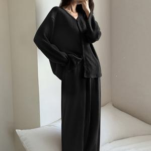 TEMU 가을 겨울 심플 긴팔 솔리드 컬러 팬츠 편안한 패션 여성 라운지웨어, 여성용 겨울 야간복, 여성용 겨울 의류, 겨울 라운지웨어, 패션,심플한 디자인,내구성 있는 파자마,편안한 원단,잠옷 세트,매칭 파자마,성인 여성,패션 애호가|잠옷|파자마