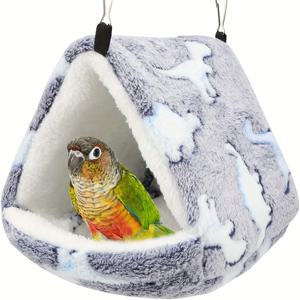 TEMU 겨울용 따뜻한 새 둥지 - 앵무새, 버드기, 햄스터용 두꺼운 플러시 코지 새 쉼터 헛간, 매달 수 있는 해먹 포함, 앵무새, 코뉴어, 로스타티엘용 따뜻한 은신처 (그레이, L)
