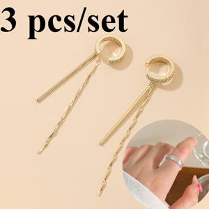 TEMU 3개 세트 패셔너블하고 창의적인 유니크 C자형 태슬 장식 모조 지르코니아 디자인 여성용 클립형 귀걸이 + 심플하고 가벼운 럭셔리 반지 - 이상적인 발렌타인데이 선물|링귀걸이