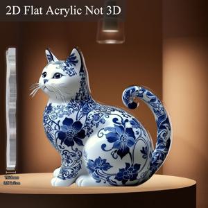 TEMU 2D 플랫, 우아한 블루 & 화이트 중국풍 도자기 고양이 조각상 - 2D 아크릴 데스크탑 스태츄, 전통 꽃무늬, 화이트 & 네이비 블루 광택, 스타일 홈/오피스/카페 장식 - 고양이 애호가를 위한 완벽한 선물 (2D 플랫)