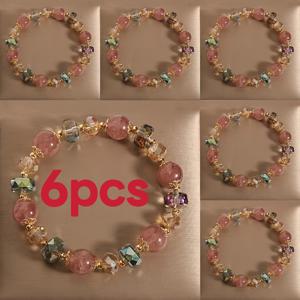 TEMU 여성용 비즈 팔찌 6개 세트 - 우아한 멀티컬러 비즈, 데일리 웨어 & 선물용, 연중 착용 가능한 라이트 베이지 톤 (코팅 없음)