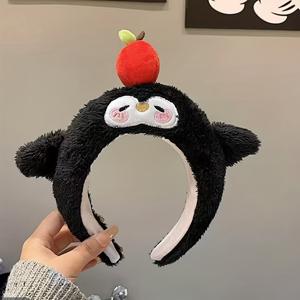 TEMU 귀여운 블랙 펭귄 플러시 헤어밴드 - 여성용 소프트 핑크 & 화이트 하트 귀, 발바닥 & 플러피 폼폼 헤어, 겨울 수면 마스크 액세서리, 할로윈 & 크리스마스용 (깃털 없음)