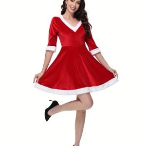 TEMU 여성용 섹시 산타 클로스 코스튬 - 레드 & 크리스마스 드레스, V넥, 긴소매, 러플 헴, 파티, 사진 촬영, 테마 이벤트에 적합, 크리스마스 코스튬 | V넥 드레스 | 러플 헴 드레스, 크리스마스 코스튬