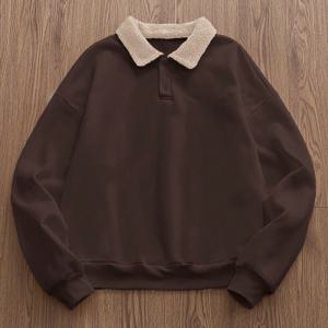 TEMU 남성용 브라운 스웨트셔츠 (칼라 포함) - 캐주얼 긴팔 풀오버, 버튼업 앞면, 레귤러 핏, 가을 & 겨울 스포티 스타일, 캐주얼 웨어|스포티 스웨트셔츠|버튼업 풀오버, 니트, 스웨터 후드티