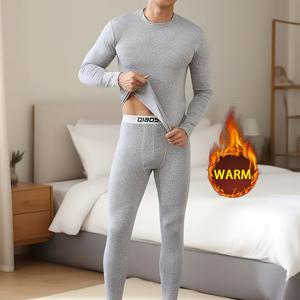 TEMU 2개 세트 남성용 보온 내의 - 폴리에스터 안감 긴팔 상하의 세트, 미드 칼라, 단색, 겨울용 스트레치 핏