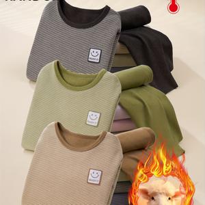 TEMU 랜덤 1세트/2개 남아용 보온 내의 세트, 긴팔 라운드넥 풀오버, 가을/겨울용 따뜻하고 통기성 좋은 학교용, 부드러운 구름 같은 연한 베이지색 소재, 핏감 좋은 밑단, /솔리드 컬러와 캐릭터 프린트, 내구성 좋고 다용도