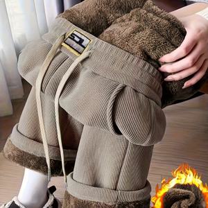 TEMU 여성용 두꺼운 퍼지 와이드 레그 팬츠 - 드로스트링 허리 가는 겨울 따뜻한 바지, 브라운레드/ - 캐주얼