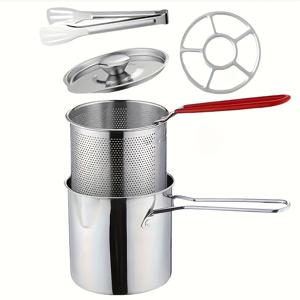 TEMU 스테인리스 스틸 딥 프라이어 5개 세트 (뚜껑, 바구니, 메쉬 스크린, 클립, 미끄럼 방지 스탠드 포함) - 바삭한 감자튀김, 생선튀김, 치킨튀김에 적합 - 가정용 헤비듀티, 기름 튀김 및 뜨거운 우유/부드러운 음식 준비에 이상적