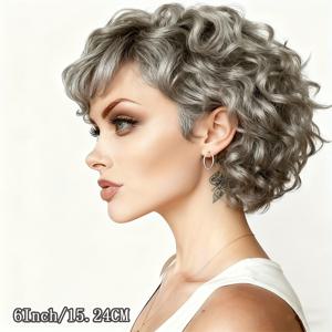 TEMU 브라질산 버진 그레이 픽시 인간 머리카락 가발 - 6인치 그레이/화이트 숏 가발, 180% 밀도 기계제작 컬리/웨이비 스타일, 로즈 네트 (그레이/화이트) - 접착제 없음, 즉각적인 볼륨, 전문가용 & 코스튬 가발