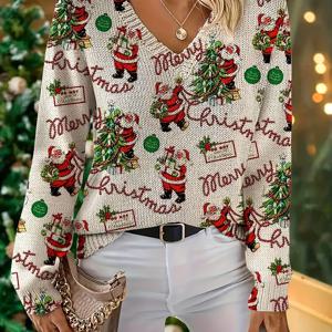 TEMU 여성용 우아한 크리스마스 V넥 스웨터 - 긴 소매 블라우스 드레스 셔츠, 가을 겨울용 논스트레치 탑, 손세탁 가능 레귤러 핏 파티 & 오피스 웨어, 포근한 시즌 아웃핏 (재고 컬렉션)